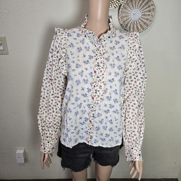 Sézane Women’s 36 (US 4) Cream Blue Pink Floral Ruffle Top Blouse - Picture 10 of 11